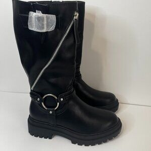 Women's Leather Knee High Boots Chunky Heel Belt Buckle High Biker Boots Sz 6.5